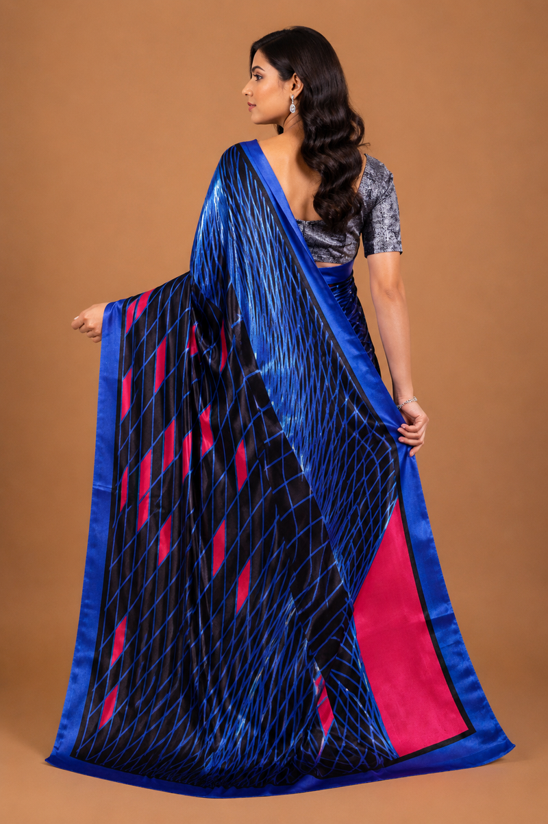 Royal Blue and Black Satin Blend Saree with Neon Pink Accents