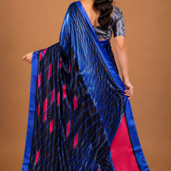 Royal Blue and Black Satin Blend Saree with Neon Pink Accents