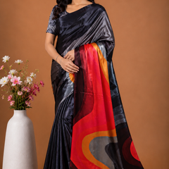 Black and Grey Satin Blend Saree with Red Abstract Pallu