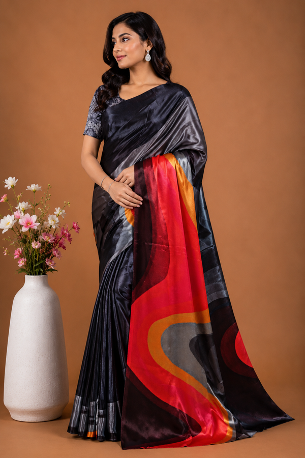Black and Grey Satin Blend Saree with Red Abstract Pallu
