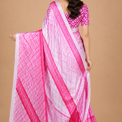 Pink and White Leheriya Print Satin Blend Saree