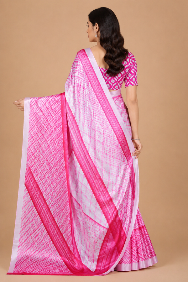 Pink and White Leheriya Print Satin Blend Saree