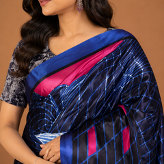 Royal Blue and Black Satin Blend Saree with Neon Pink Accents