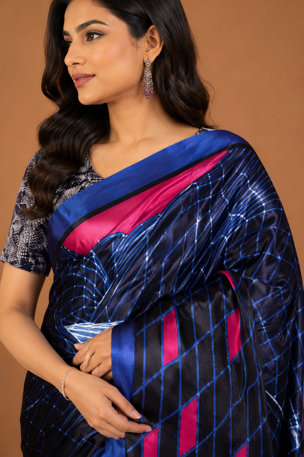 Royal Blue and Black Satin Blend Saree with Neon Pink Accents