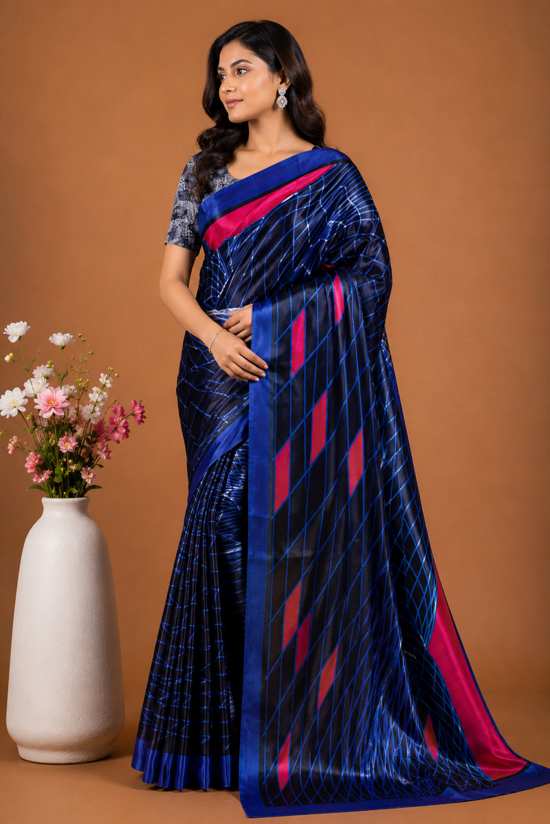 Royal Blue and Black Satin Blend Saree with Neon Pink Accents