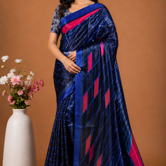 Royal Blue and Black Satin Blend Saree with Neon Pink Accents