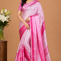 Pink and White Leheriya Print Satin Blend Saree