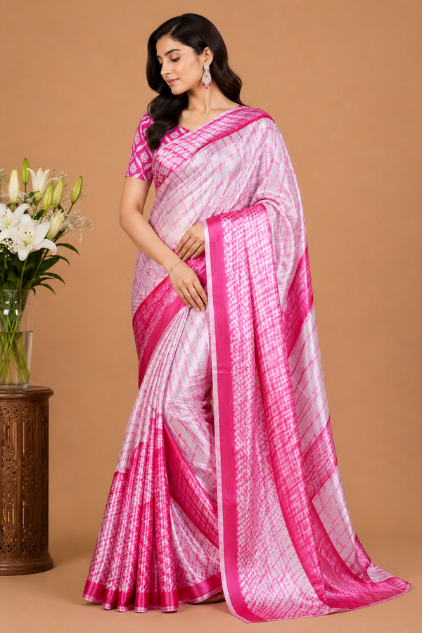 Pink and White Leheriya Print Satin Blend Saree