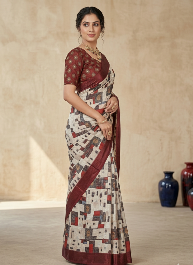 Elegant Abstract Print Chiffon Silk Saree