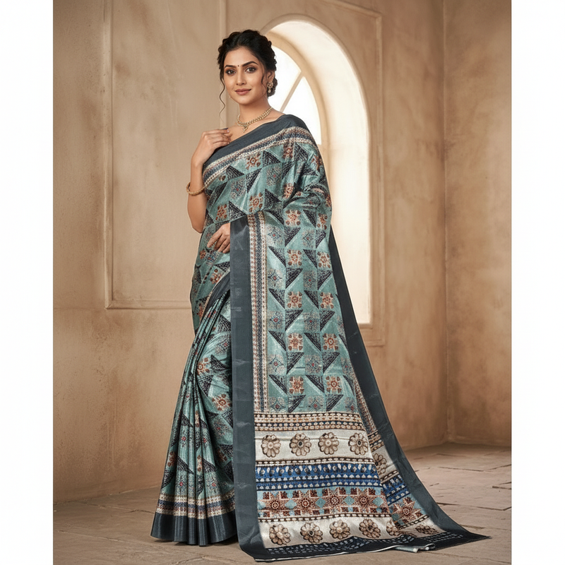 Contemporary Teal Grey Floral-Triangle Print Saree in Smooth Chiffon Silk