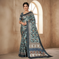 Contemporary Teal Grey Floral-Triangle Print Saree in Smooth Chiffon Silk