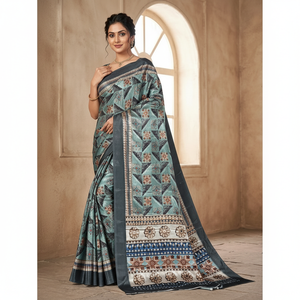 Contemporary Teal Grey Floral-Triangle Print Saree in Smooth Chiffon Silk