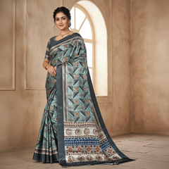 Contemporary Teal Grey Floral-Triangle Print Saree in Smooth Chiffon Silk