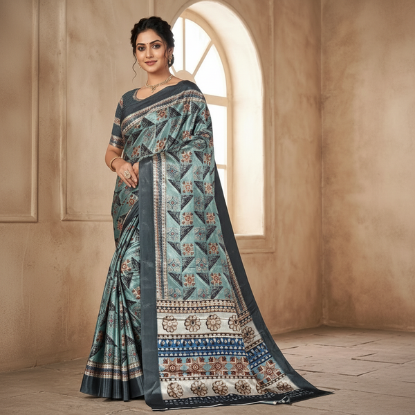 Contemporary Teal Grey Floral-Triangle Print Saree in Smooth Chiffon Silk