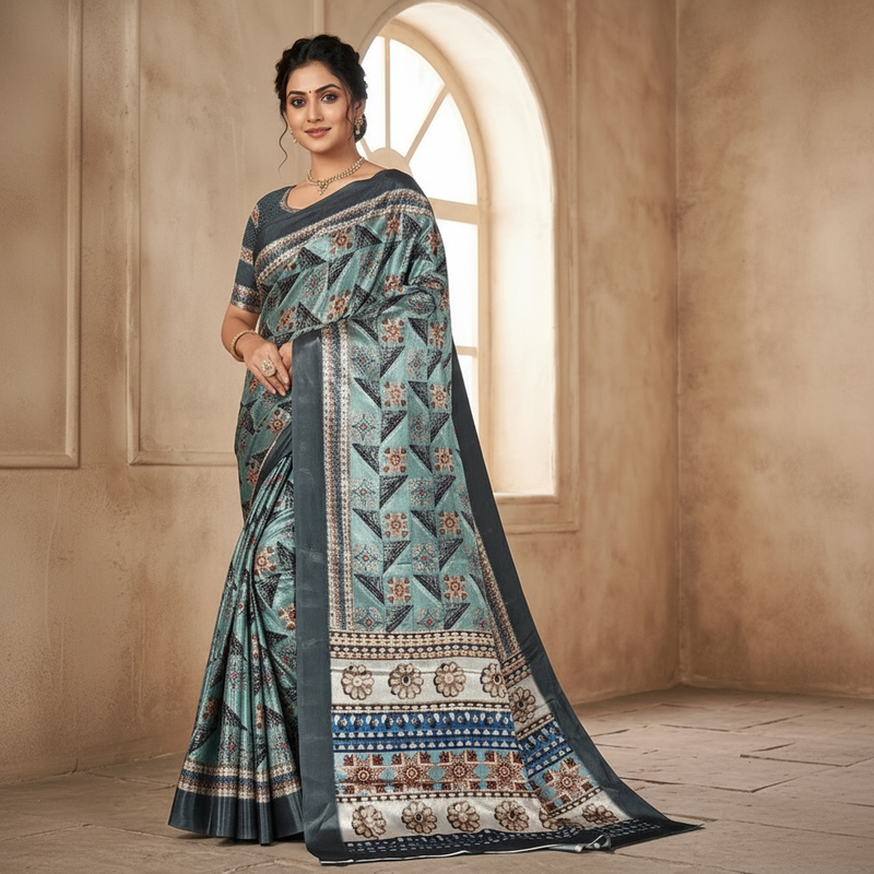 Contemporary Teal Grey Floral-Triangle Print Saree in Smooth Chiffon Silk