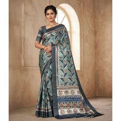 Contemporary Teal Grey Floral-Triangle Print Saree in Smooth Chiffon Silk