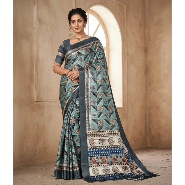 Contemporary Teal Grey Floral-Triangle Print Saree in Smooth Chiffon Silk