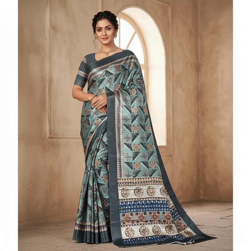Contemporary Teal Grey Floral-Triangle Print Saree in Smooth Chiffon Silk