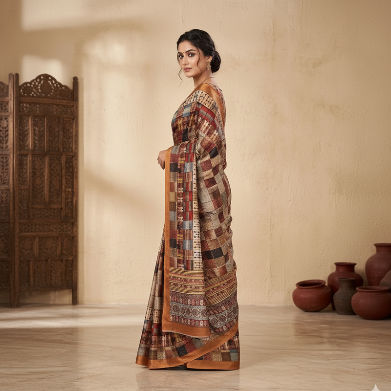 Earthy Multicolored Mosaic Print Chiffon Silk Saree with Copper Border