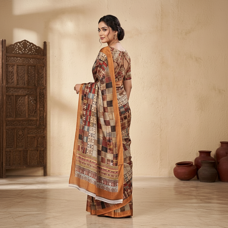 Earthy Multicolored Mosaic Print Chiffon Silk Saree with Copper Border