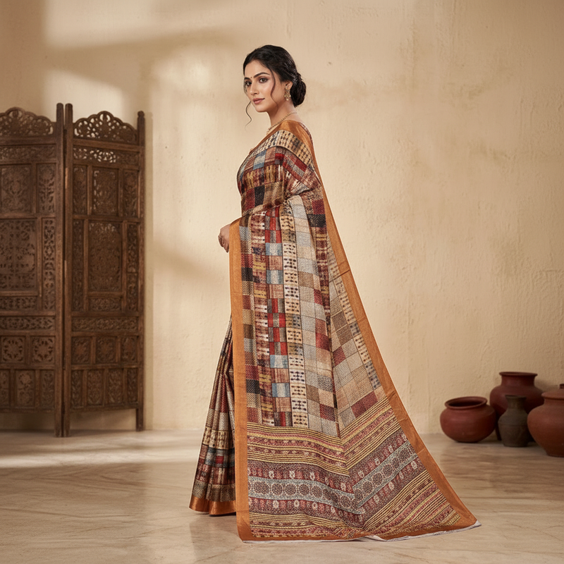 Earthy Multicolored Mosaic Print Chiffon Silk Saree with Copper Border