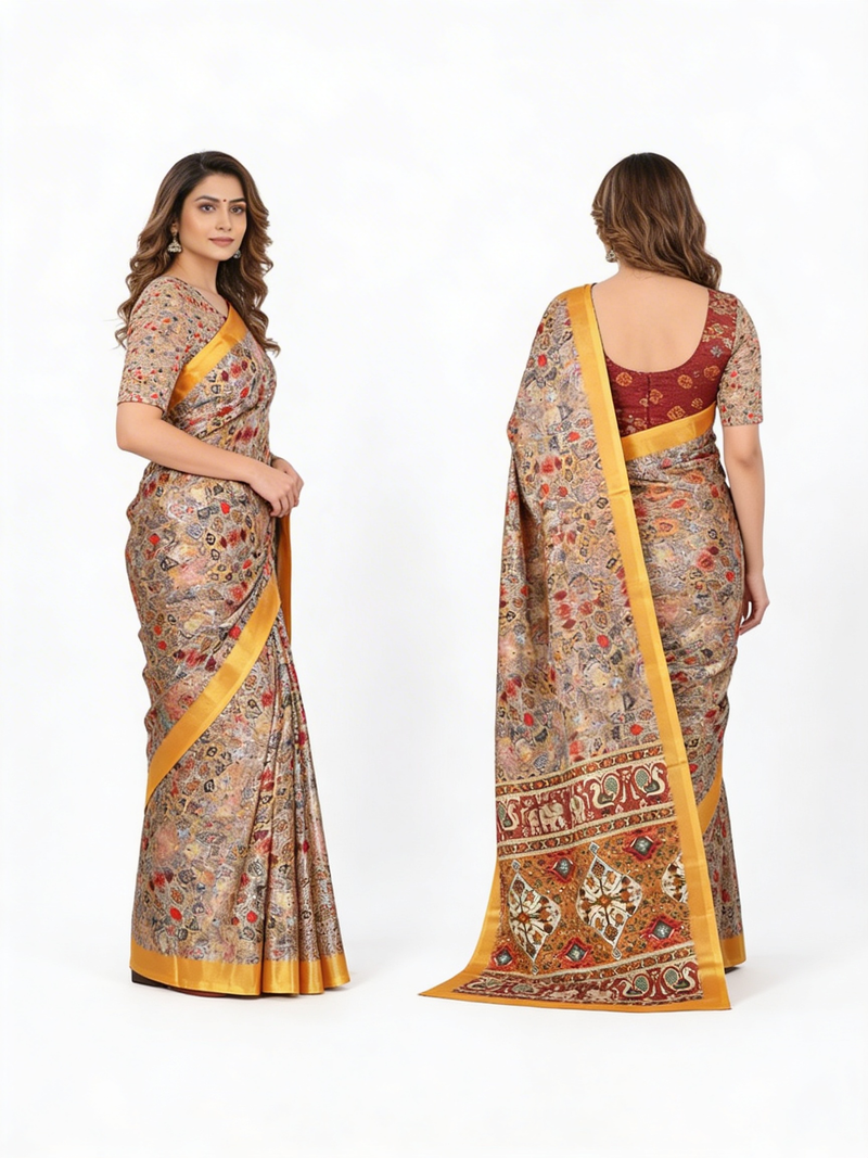 Royal Ivory Heritage Print Saree with Golden Border & Elephant Motif Pallu