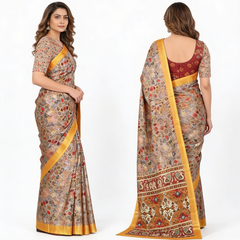 Royal Ivory Heritage Print Saree with Golden Border & Elephant Motif Pallu