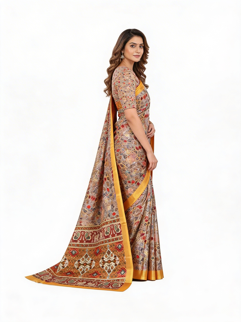 Royal Ivory Heritage Print Saree with Golden Border & Elephant Motif Pallu