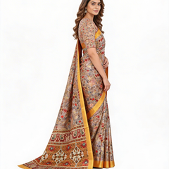 Royal Ivory Heritage Print Saree with Golden Border & Elephant Motif Pallu