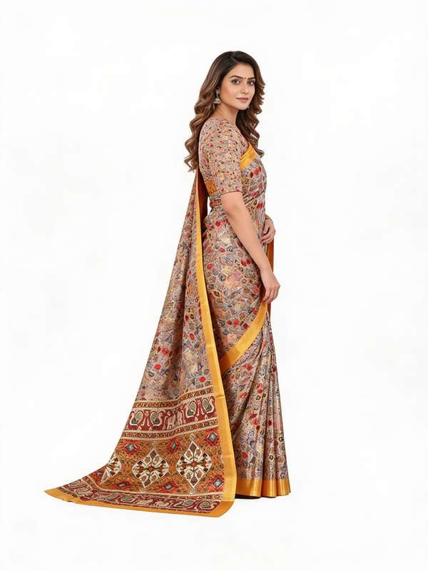 Royal Ivory Heritage Print Saree with Golden Border & Elephant Motif Pallu