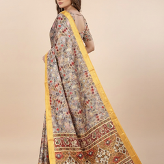 Royal Ivory Heritage Print Saree with Golden Border & Elephant Motif Pallu