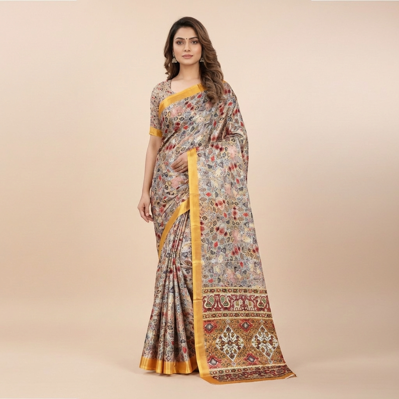 Royal Ivory Heritage Print Saree with Golden Border & Elephant Motif Pallu