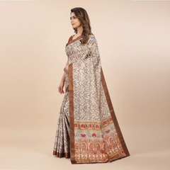 Ivory Regal Mughal Print Saree with Copper Border & Elephant Pallu Elegance