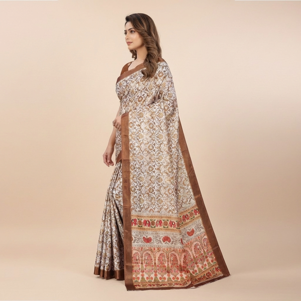 Ivory Regal Mughal Print Saree with Copper Border & Elephant Pallu Elegance