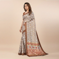Ivory Regal Mughal Print Saree with Copper Border & Elephant Pallu Elegance