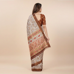 Ivory Regal Mughal Print Saree with Copper Border & Elephant Pallu Elegance
