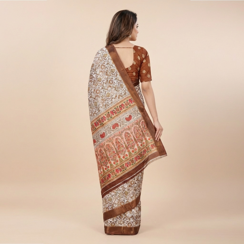 Ivory Regal Mughal Print Saree with Copper Border & Elephant Pallu Elegance