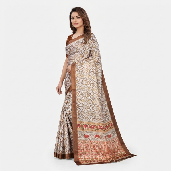 Ivory Regal Mughal Print Saree with Copper Border & Elephant Pallu Elegance