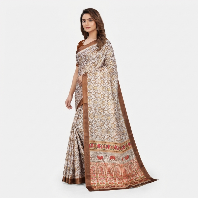 Ivory Regal Mughal Print Saree with Copper Border & Elephant Pallu Elegance