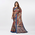 Vibrant Ikat Fusion Saree with Multicolor Geometric Weave & Royal Blue Border