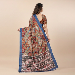 Vibrant Ikat Fusion Saree with Multicolor Geometric Weave & Royal Blue Border