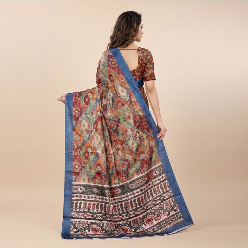 Vibrant Ikat Fusion Saree with Multicolor Geometric Weave & Royal Blue Border