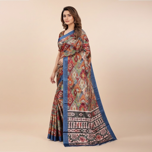 Vibrant Ikat Fusion Saree with Multicolor Geometric Weave & Royal Blue Border