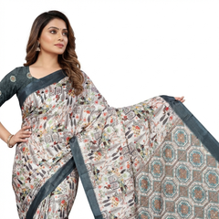 Heritage Sketch Print Chiffon Silk Saree