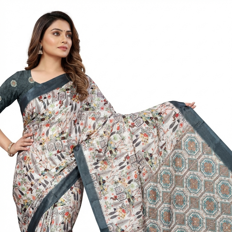 Heritage Sketch Print Chiffon Silk Saree