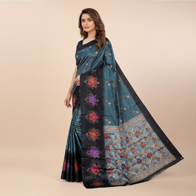 Teal Floral Silk Saree