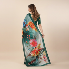  Silk Saree with Vivid Botanical Digital Print