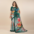 Enchanted Emerald Chiffon Silk Saree with Vivid Botanical Digital Print