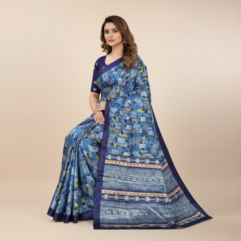 Blue Silk Saree with Geometric Borders